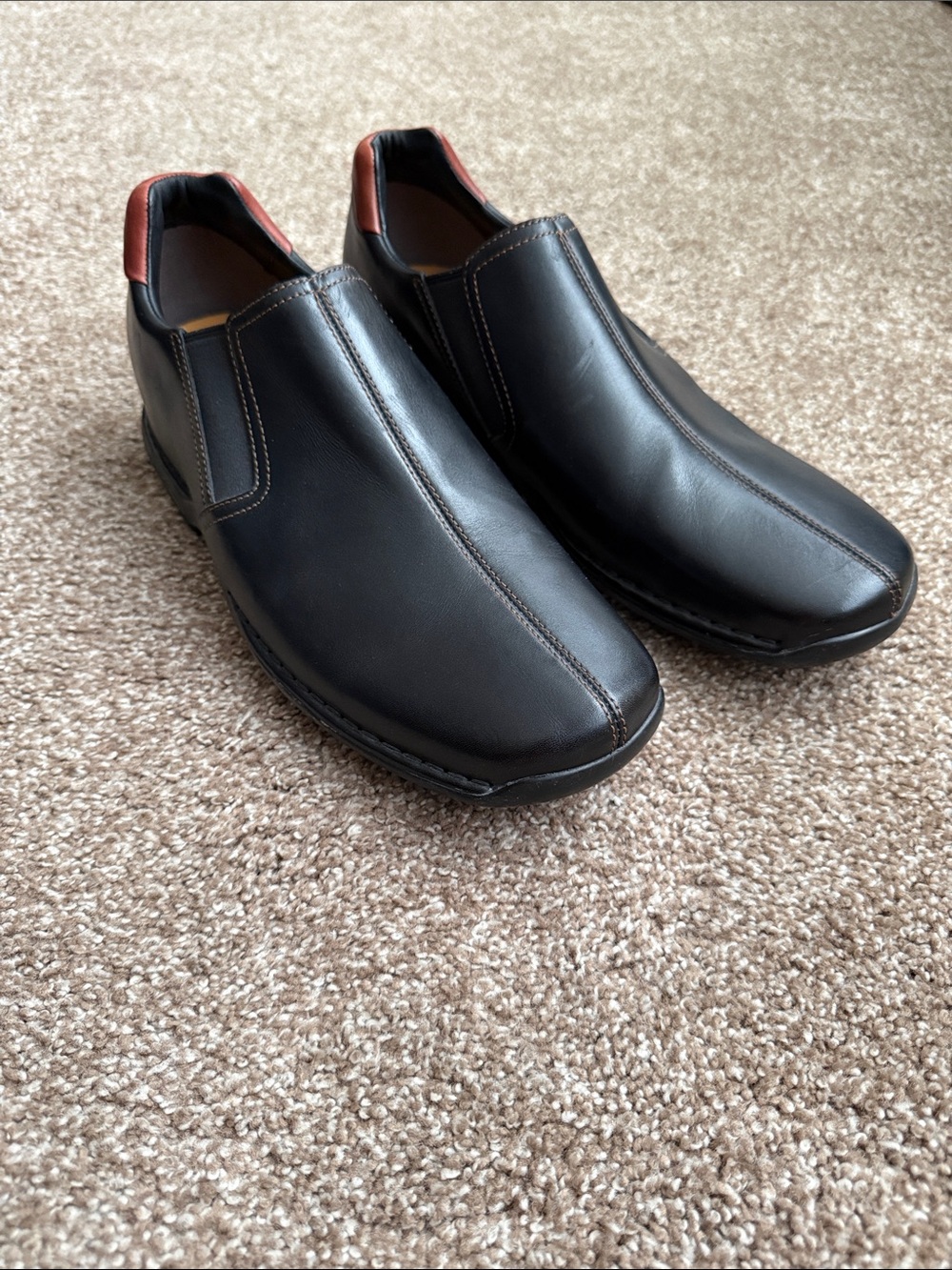 Cole Haan Black Leather Slip-On Loafers with Brown Heel Trim
